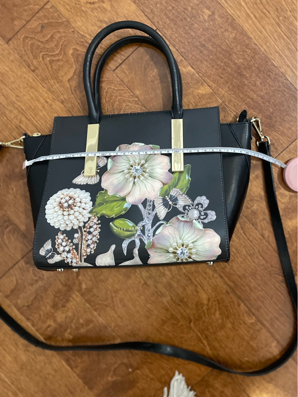 Ted Baker Black Satchel with Pink and Green Floral Appliqué - Picture 7 of 8